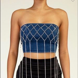 Crystal Fishnet Fringe Denim Crop Top